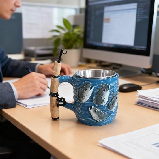 Hrnček s rybářskou tématikou s uchem ve tvaru prutu Kreativní design rybářského prutu Šálek na čaj kávu Všestranné nápojové sklo Dárek pro rybáře tátu rybáře