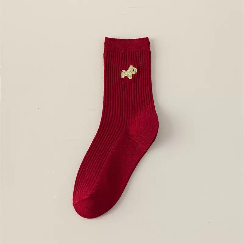 Dark Red Sock Children's Style Winter and Autumn Double Embroidery Wedding and New Year Mid-length Socks