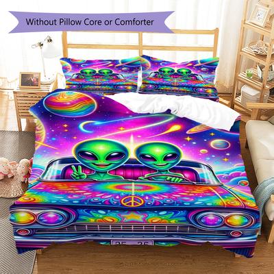 UFO Alien Pattern Bedding Quilt Set Quilt Cover Pillowcase Home Decoration Gift (1 * Duvet Cover + 2 * Pillowcase, Without Core)
