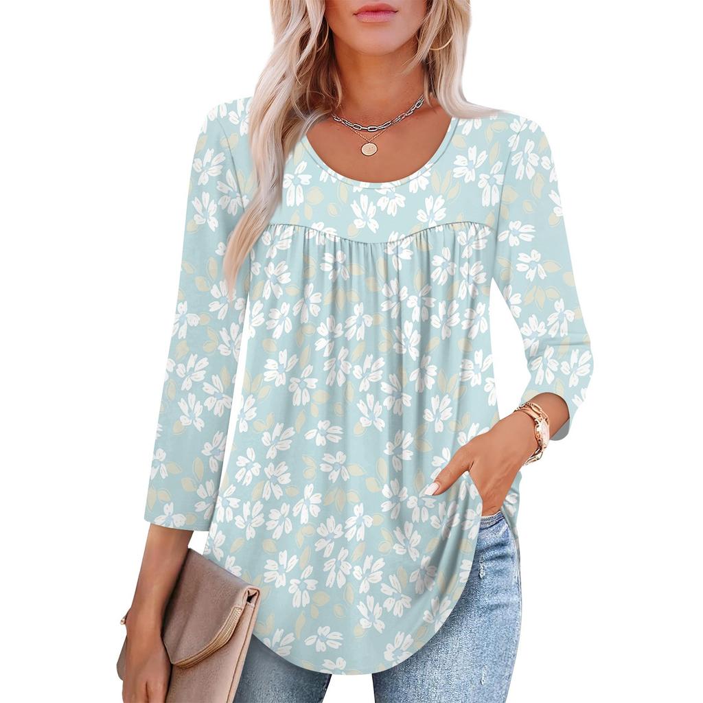 Women's Fashion Seven Sleeve Top Round Neck Pleated Casual Printed Top