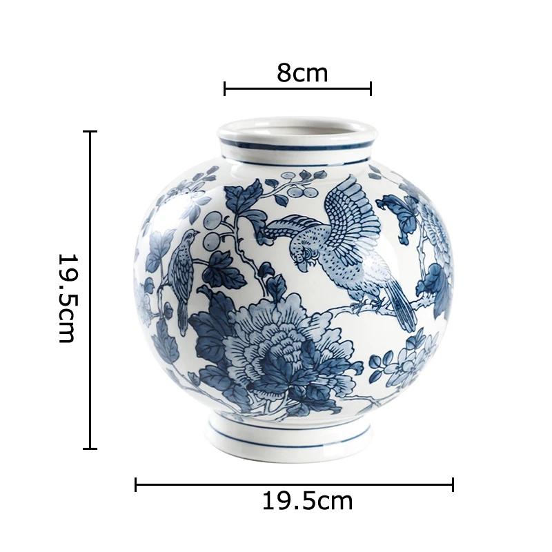 Flowers and Birds Pattern Blue Porcelain Vase Plant Pots Table Decoration Flowers Arrangement Floral Vases Room Aesthetic Decor