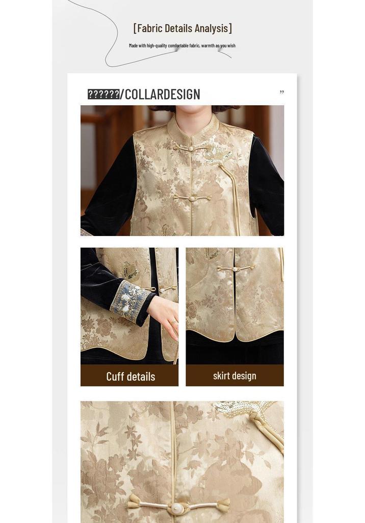 Elegant Mother's Set: Chinese-Style Spring Vest Jacket & Velvet Shirt for Middle-Aged Women