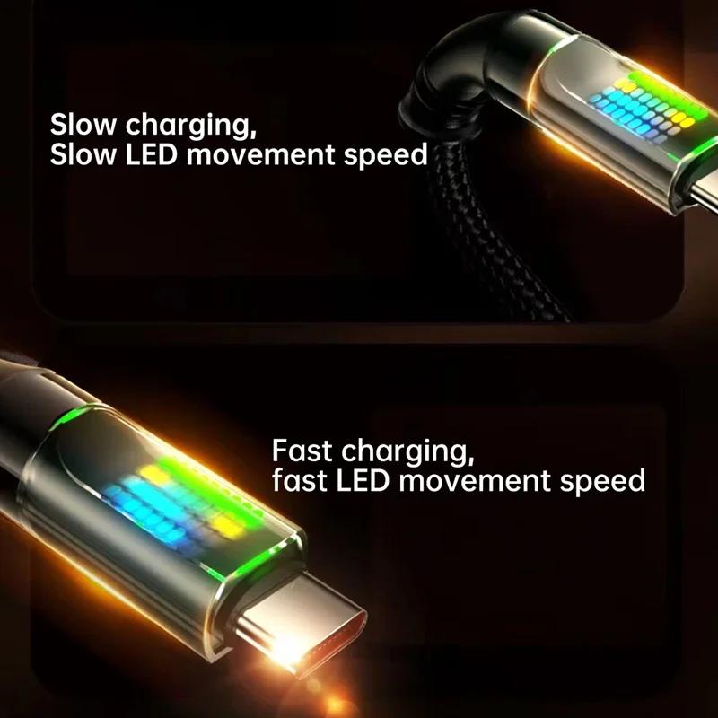 111W Cable 6A Super Fast Charging USB-A To Type-C Nylon Data Cord With Colorful LED Display USB C Cable For Xiaomi Samsung 1Pcs
