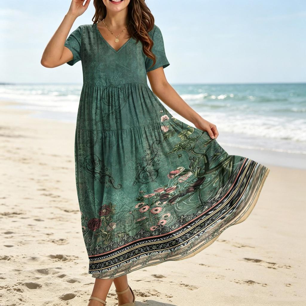 Women Casual Loose Bohemian Floral Dress Short Sleeve Long Maxi Summer Beach Swing Dress