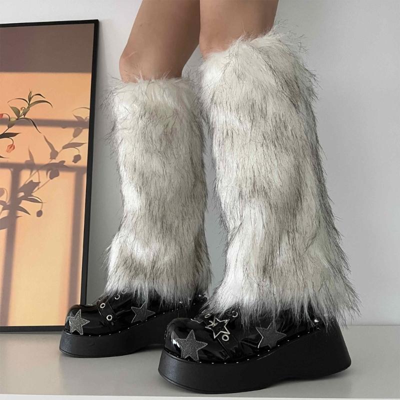Fuzzy Faux Furs Leg Warmers Furs Heels Long Boots Cuffs Cover Has Elastic One Pair Carnivals Boot Cover Y2K JK Uniform