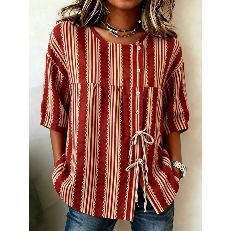 Women's Multicolor Vertical Striped Casual Blouse, Button Tie Front Loose Top with Pockets for Spring Summer Daily Wear