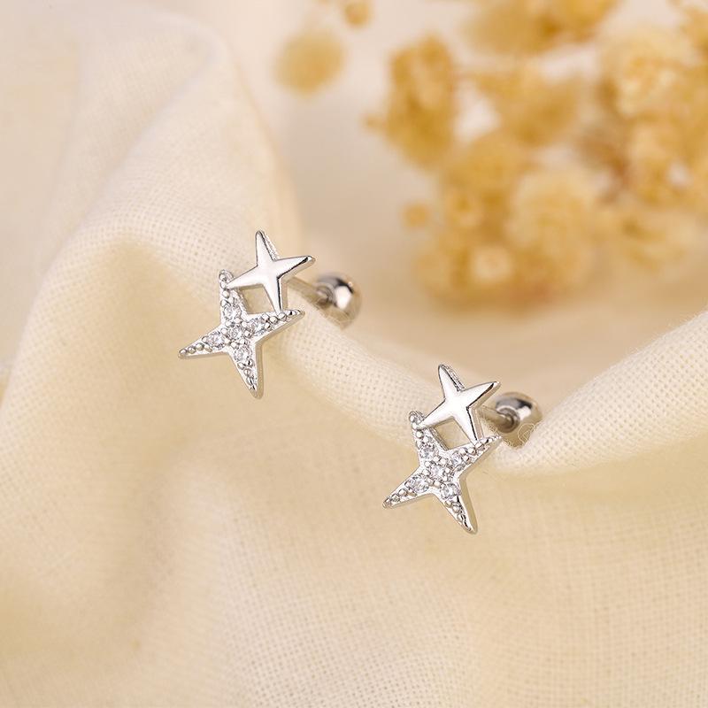 S925 Silver Star Stud Earrings For Women Sparkling Meteor Design Screw Back Hypoallergenic Cartilage Piercing Sleep Friendly