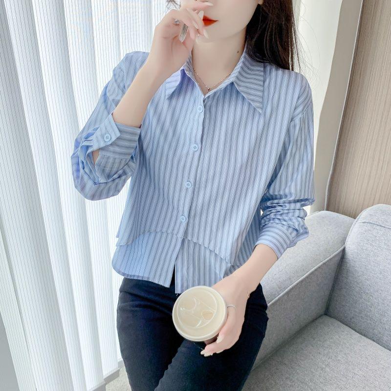

Женская повседневная хлопковая рубашка в полоску 2024 - Коллекция весна-осень L небесно-голубой