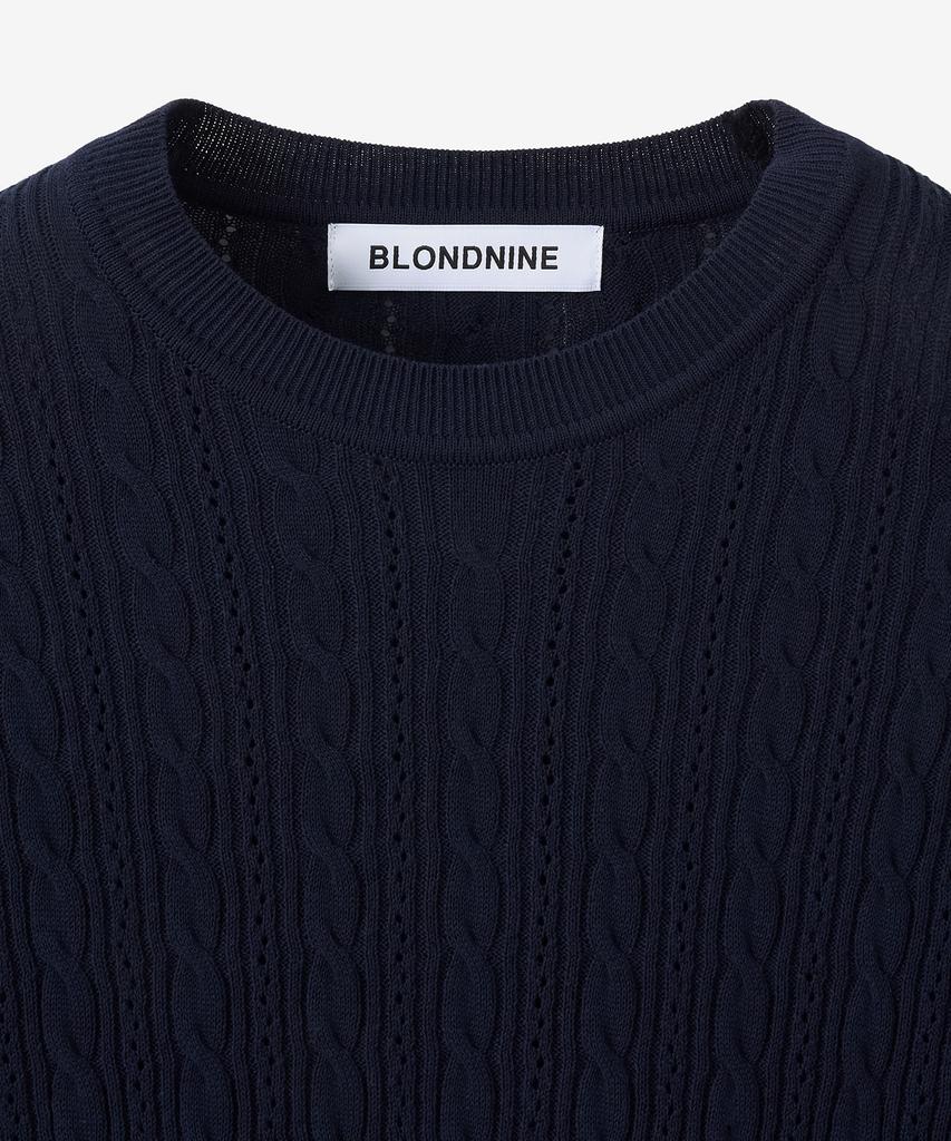 BLOND9 Cable Punching Short Sleeve Round Knit_Navy