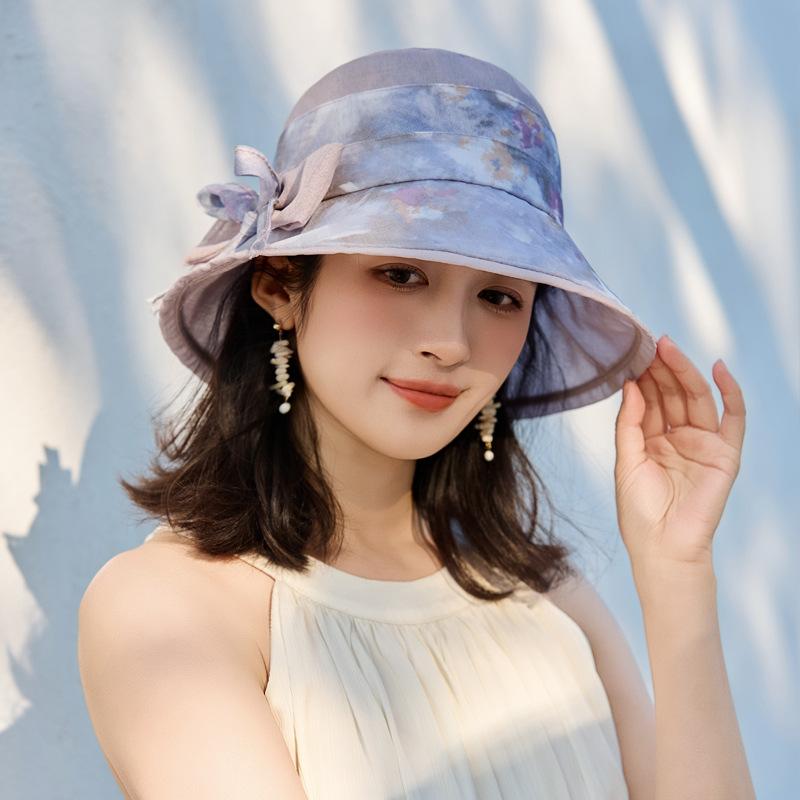 

Summer hat women s bow sunshade sun hat outdoor travel printing beautiful bucket hat One Size