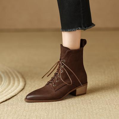 2024 neue Frauen Stiefel Stiefeletten Dicken High Heels Echtes Leder Schuhe Frau Reife Büro Dame Herbst Winter Lace-up schuhe