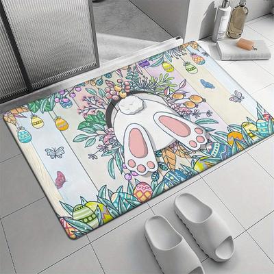 1pc Easter Bunny & Egg Door Mat - Soft Polyester, Non-Slip, Absorbent Floor Mat with Vibrant Spring Design, Machine Washable for