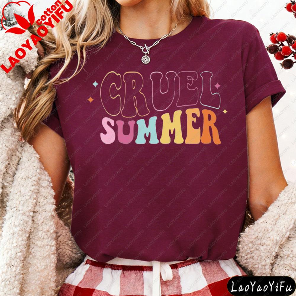 Cruel Summer Retro Groovy Schriftzug Grafik T-Shirt Modern und Trendig Unisex Baumwolle Kurzarm Sommer Lässig Alltag T-Shirt