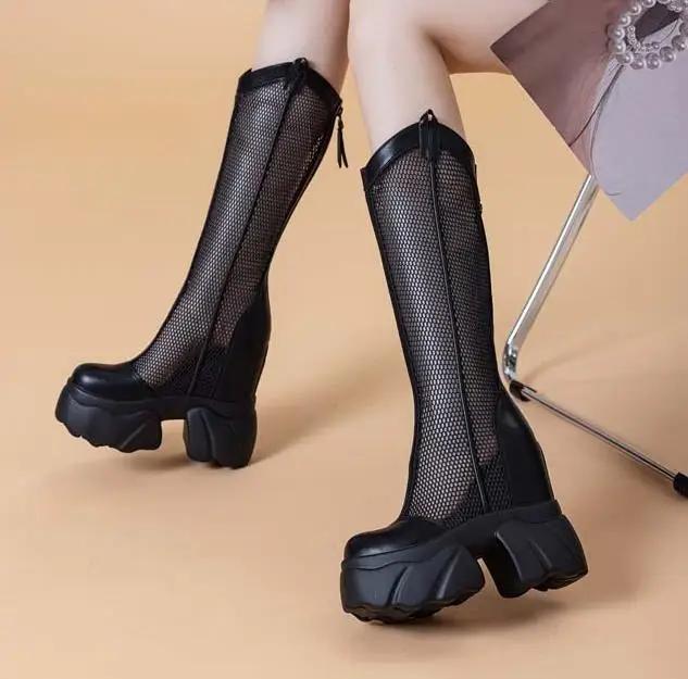 Fashion Hot Quality 11CM Air Mesh Ankle Boots Microfiber Leather Summer Fashion Shoes Knee High Boots Platform Wedge Flats Sandals Women