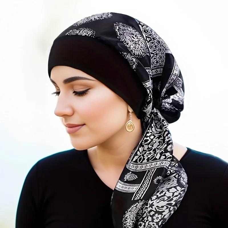 Pre-Tied Satin Printed Women Muslim Hijab Turban Sleep Night Cap Bonnet Headwrap Head Scarf Wrap Cover Hair Loss Set