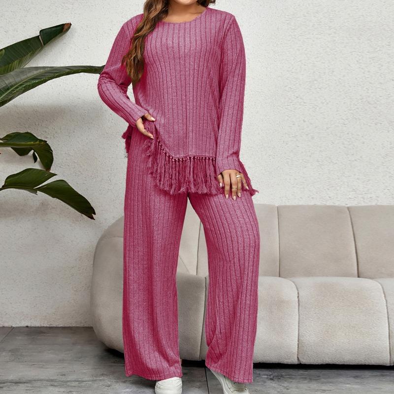 

Женский свободный комплект в полоску Pit Stripe, повседневный комплект из двух частей, повседневный свитер с круглым вырезом и длинными рукавами, кисточками и широкими брюками, комплекты на весну и осень 2XL