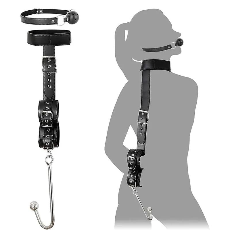 Sexual Bondage Restraint Kit BDSM Leather Thigh Sling Breast Belt Rear Handcuffs Spread Legs Slave Fetish Anal Hooks Fetish