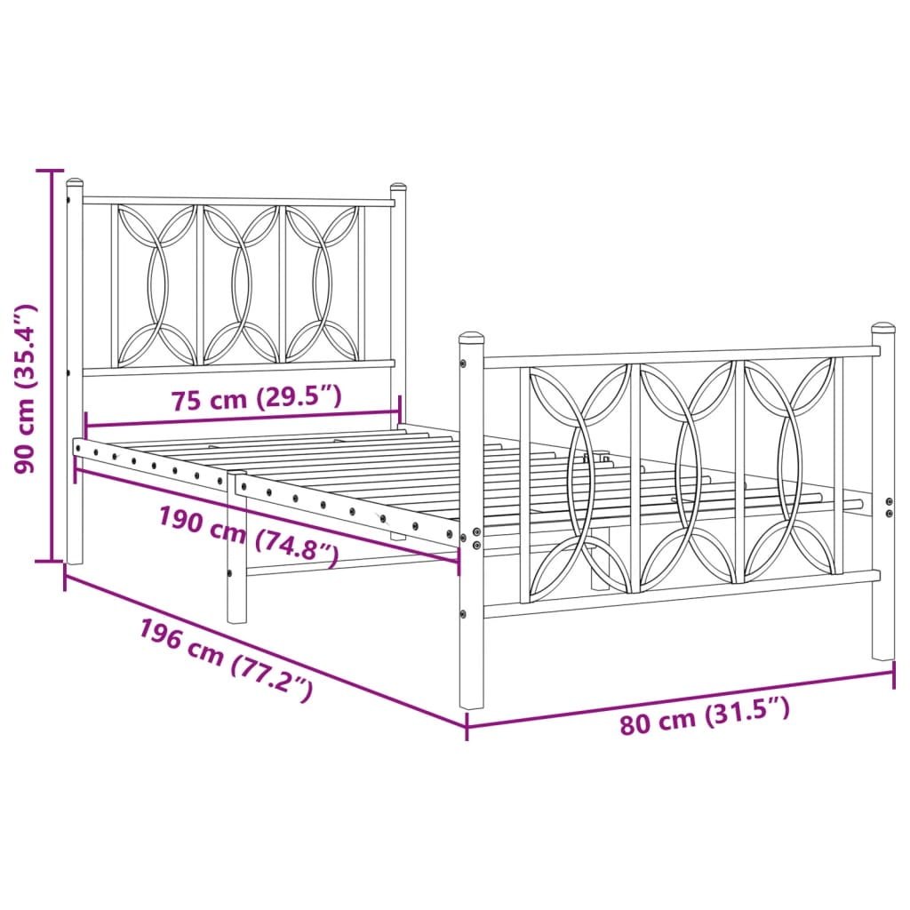 Metal Bed Frame with Headboard and Footboard Black 75 X 190 Cm