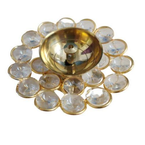 

Indian Traditional Brass & Crystal Round Diya For Home & Temple Puja SM144