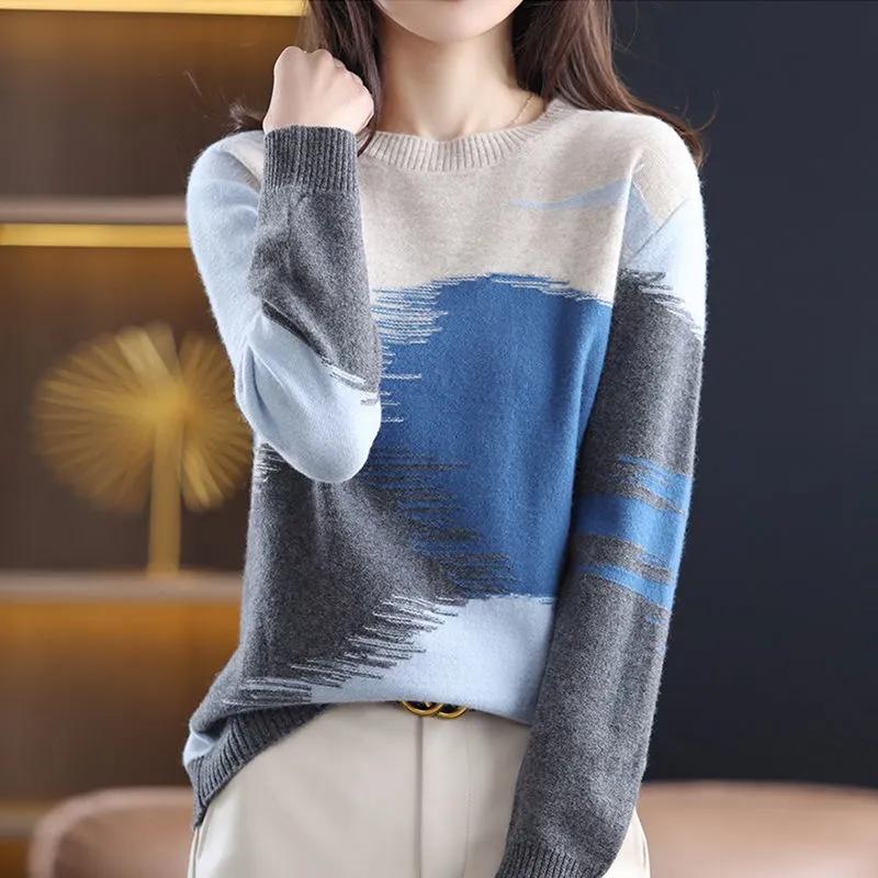 Round Neck Contrast Sweater Women's Autumn and Winter Loose Casual Knitted Sweater Fashion Pullover