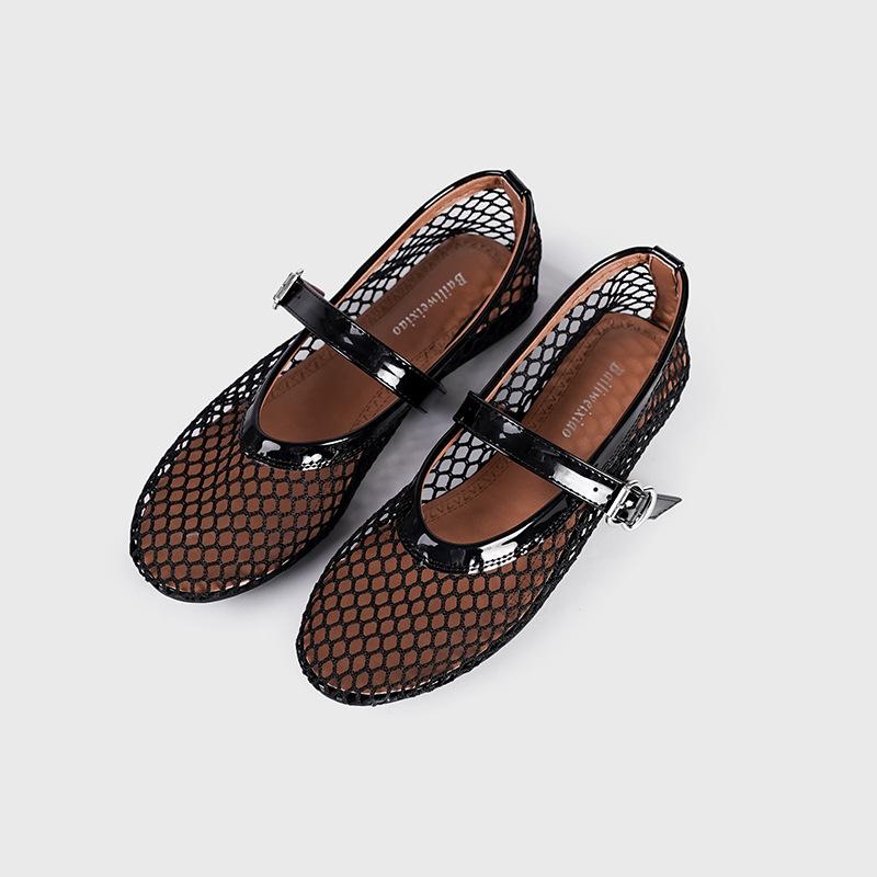 French Hollow Ballet Shoes Women's Flat Bottom One-word Buckle Metal Mesh Mary Jane Shoes Women's Niche Design Single Shoes