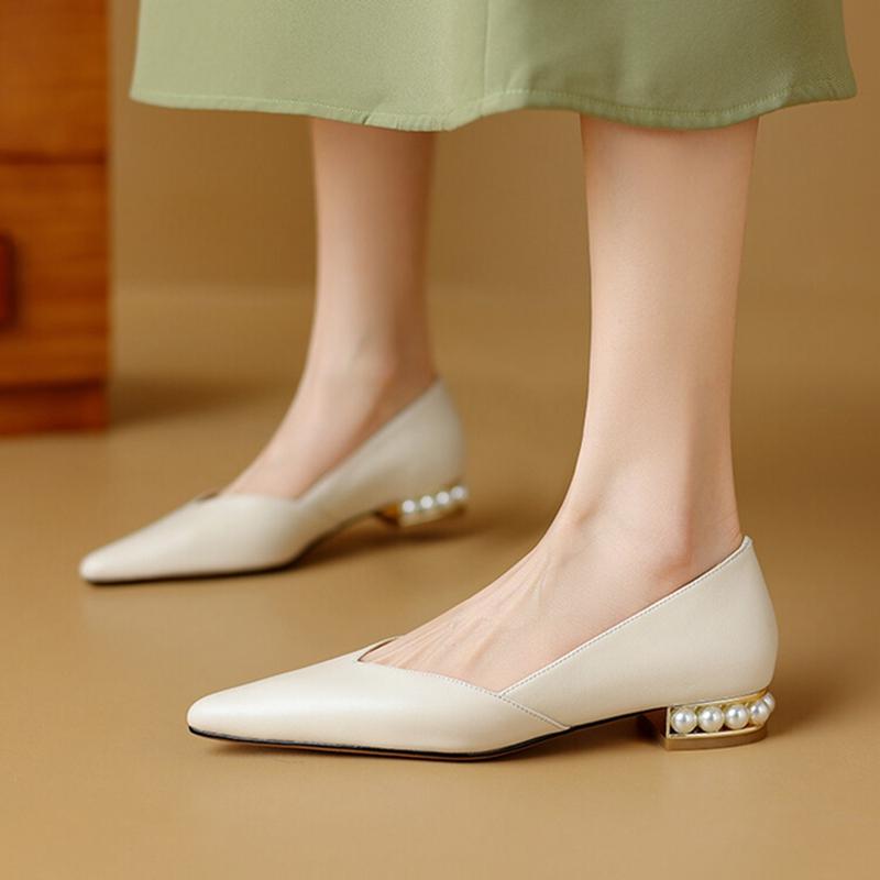 Fashion NEW Spring Women Pumps Split Leather Shoes for Women Pointed Toe Low Heel Women Pumps Pearl Handmade Shoes Concise Ladies Shoes
