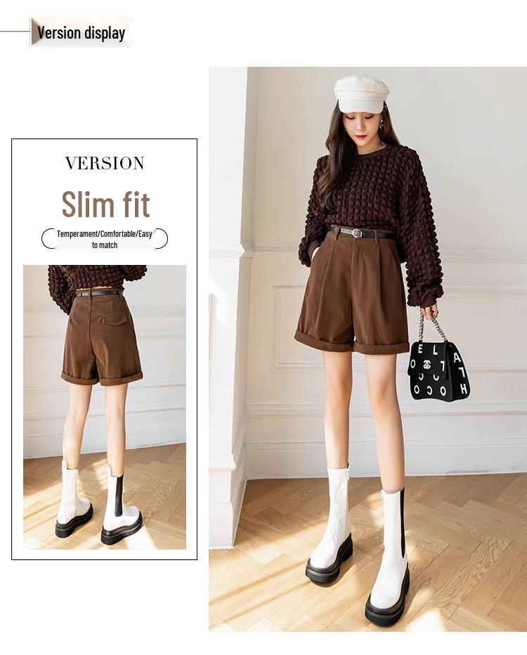 Plus Size High Waist Corduroy Shorts - Women's Autumn/Winter Wide Leg, Loose Casual Five-Point Shorts
