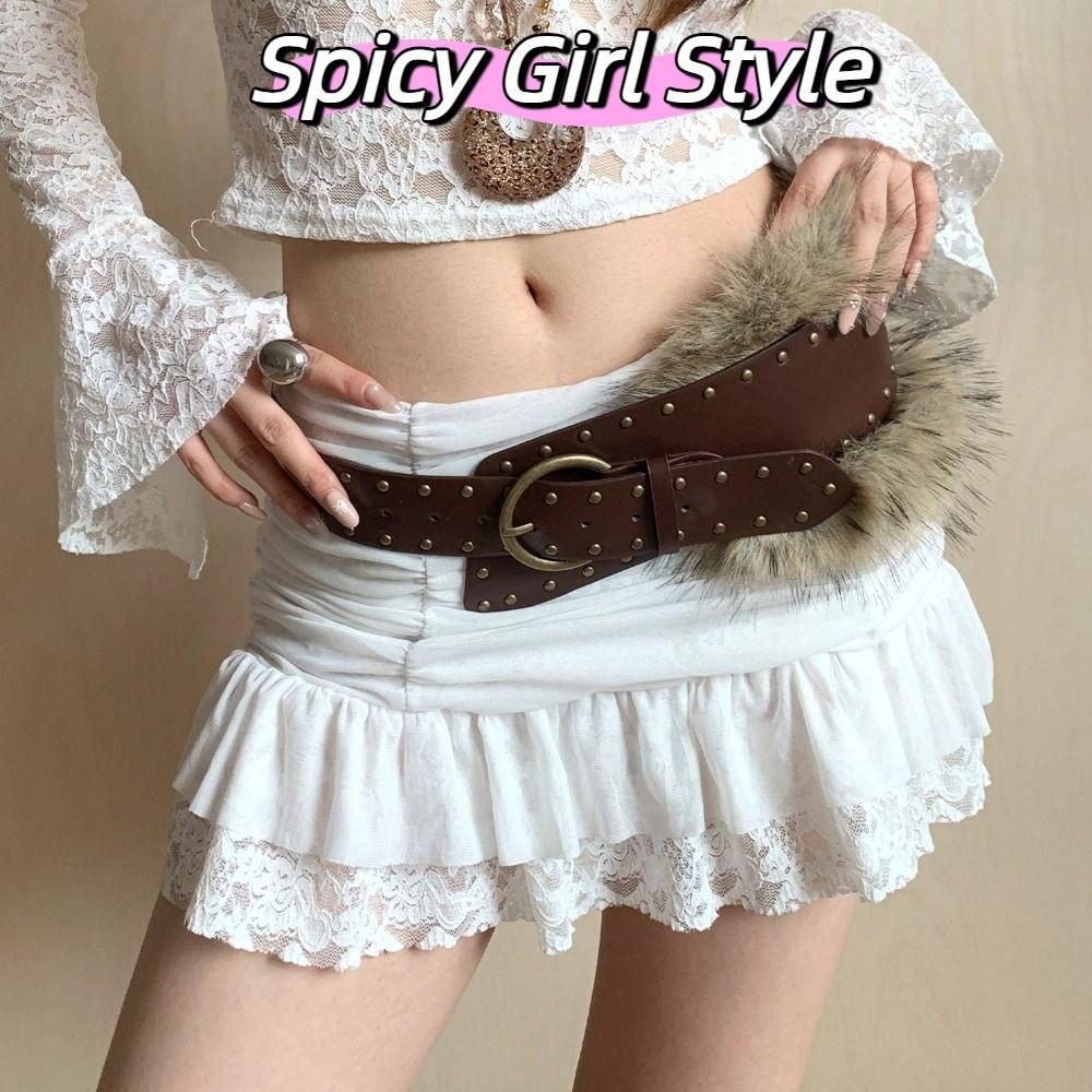 PU Leather Furry Waistband Rivet Y2K Waistband Fashion Plush Belt  Female/Girls