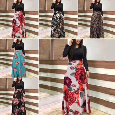 Women Floral Printed Patchwork Long Sleeve Cocktail Party Large Swing Maxi Dress