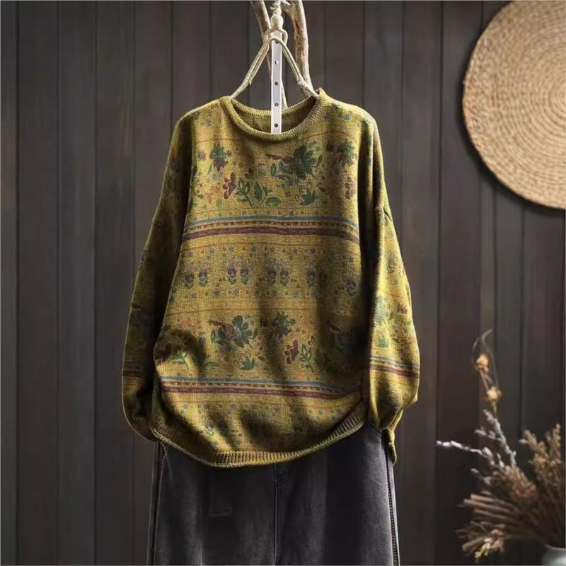 Johnature Woman Autumn Niche Vintage O-Neck Casual Loose Retro Sweater Chinese Style Long Sleeves Print Sweater