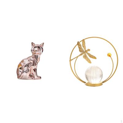 Elegant Feline Crystal Sphere Metal Animal Sculpture Figurine Ornament for Fireplace Hallway Bedroom