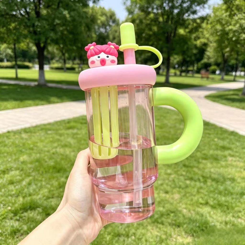 Water bottle Internet celebrity large capacity plastic cup with tea warehouse straw ice cup female student outdoor fitness water cup can be