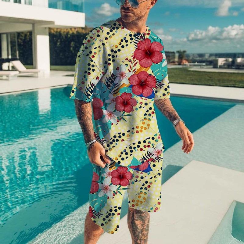 

Summer pattern printed men s casual two-piece set round-neck XXS