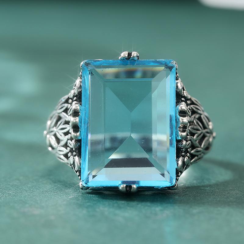 Dazzling Inlaid Sea Blue CZ Women's Ring Sparkling CopperColor Hand Carving Daily Wear Party Jewelry Anniversary Gift