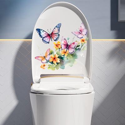 Pegatinas autoadhesivas para tapa de inodoro con diseño de mariposa y flores, pegatinas extraíbles para decoración del baño y el hogar.