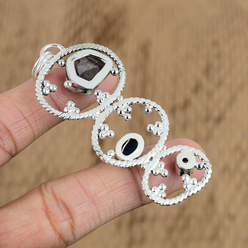 Natural African Amethyst Tanzanite Quartz Artisan Pendant 925 Sterling Silver