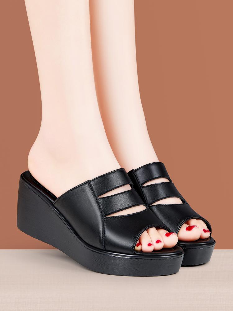 6cm All Match Comfortable Thick Bottom Flat Platform Shoes Soft Leather Slippers 2025 Med Heels Wedges Slides for Office Mom