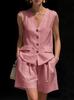 European-American Style Women's Cotton-Linen V-Neck Sleeveless Vest and Shorts Summer Set