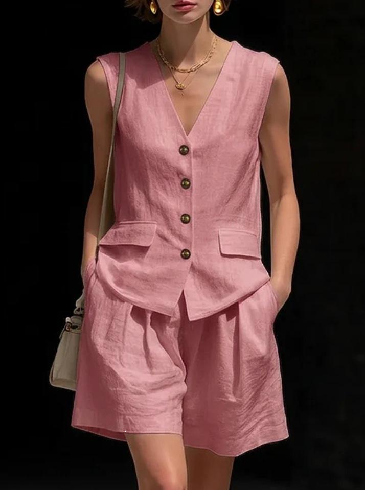 European-American Style Women's Cotton-Linen V-Neck Sleeveless Vest and Shorts Summer Set