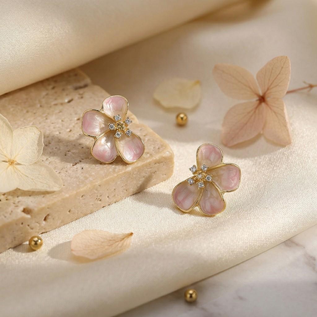 Pinkdudu French Vintage Pink Floral Earrings Blossom Studs with Rhinestones Daily Jewelry PD2468
