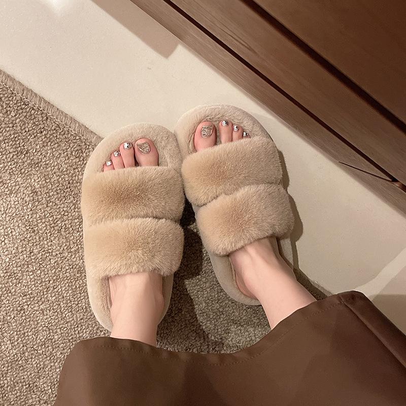 

Thick-bottomed fluffy slippers for women s outerwear 2025 autumn and winter new retro fashion fluffy one-word cotton slippers 35 хаки