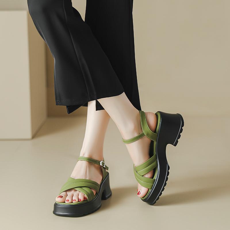 [Sennepsgrønn CHAO hvit] Romerske plattformsandaler med tykk hæl for kvinner høy hæl kryssrem én-ords spennesko