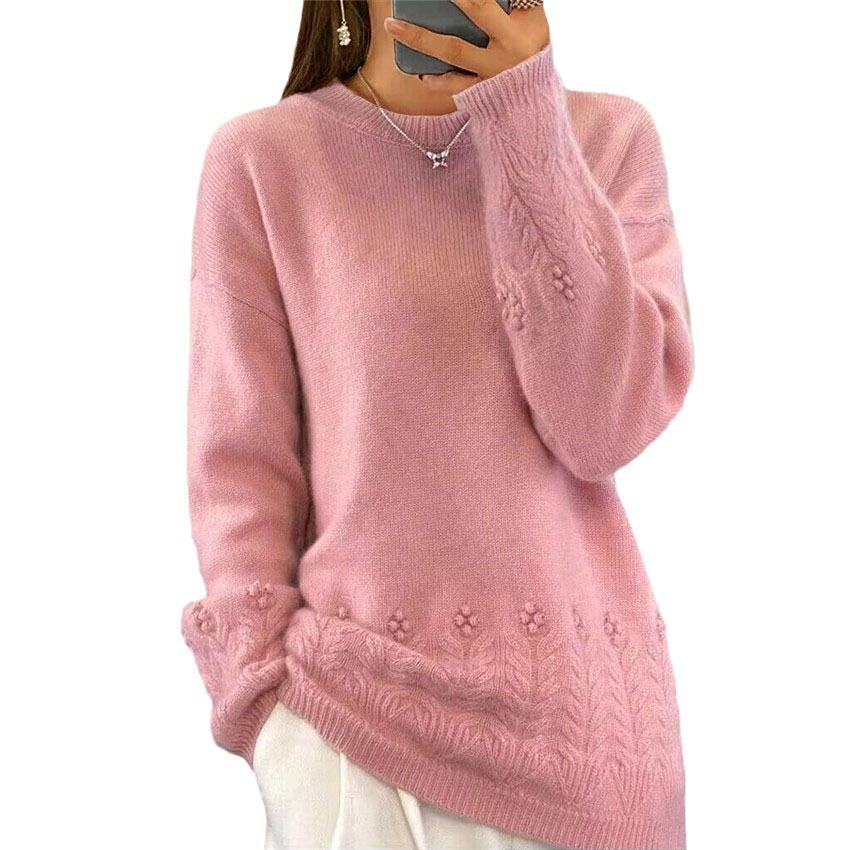 2026 Autumn/Winter Women's Vintage Crochet Jacquard Sweater - Round Neck, Solid Color