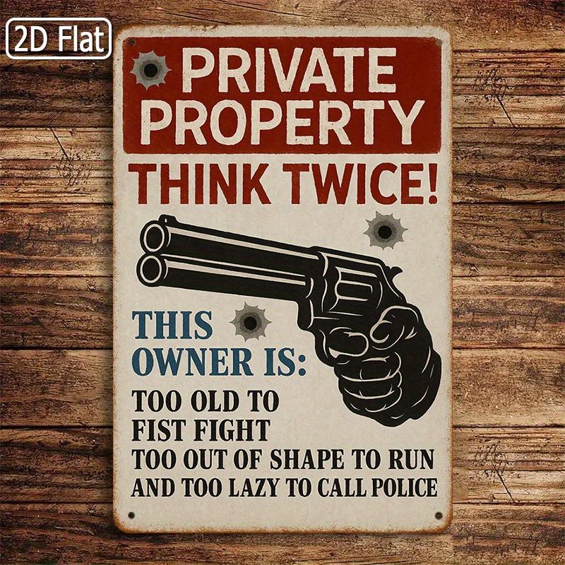 Funny Mechanic Tin Sign Private Property Warning Decoration with Revolver Graphic HeavyDuty Metal Garage Decor Aut