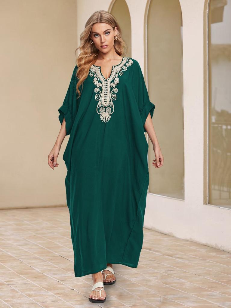 2024 European & American Cotton Embroidered Plus Size Beach Cover-up Dress