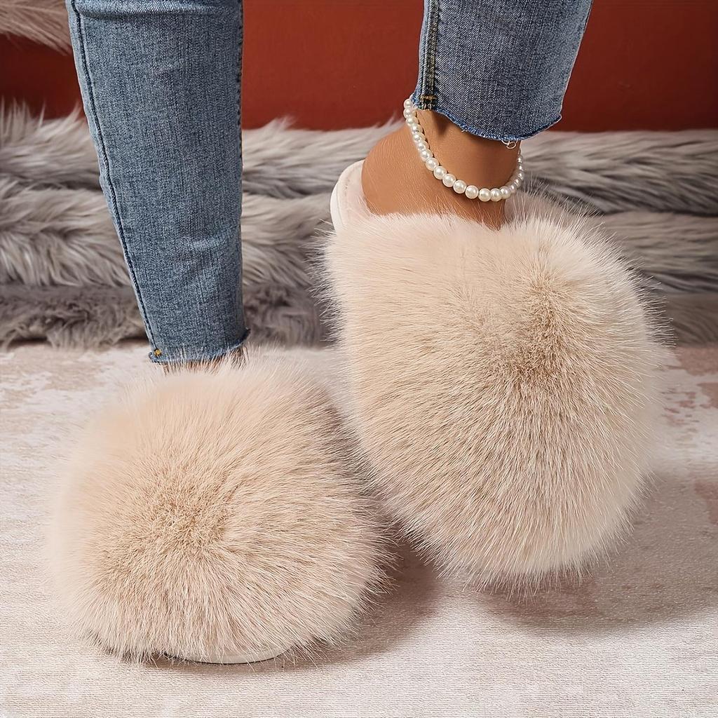 1 Pair Elegant Faux Fur Slippers for Women, Indoor/Outdoor House Shoes, Korean Style Warm Flat Non-Slip Rubber Sole, Pure Color, Fabric Lined
