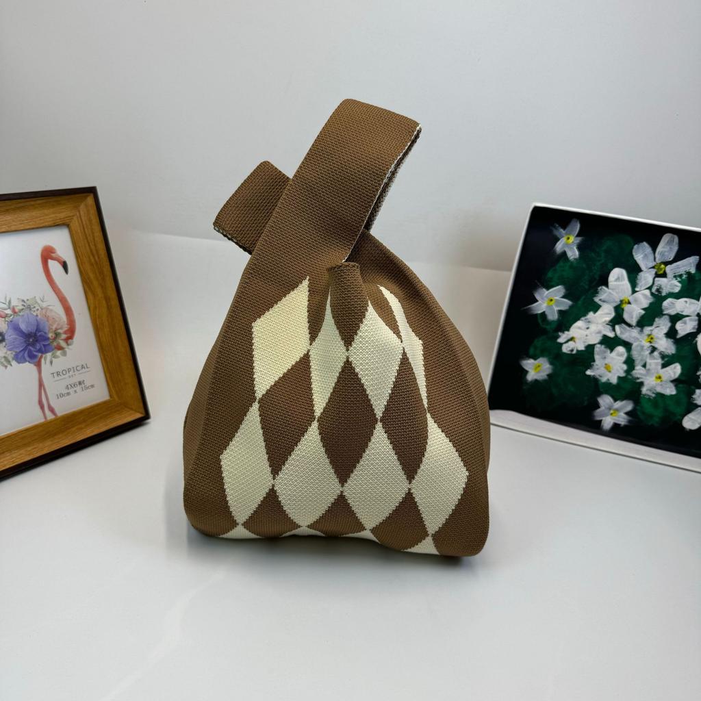 Women's Knot Wrist Bag Handmade Knitted Bag Portable Mini Striped Tote Bucket Phone Bags Large Capacity Autumn Winter Handbags