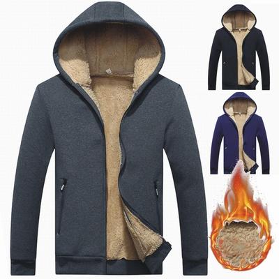 Winter Fleece-Lined Thickened Hoodie for Men Shearling-Lined Pure Cotton Cardigan Warm-Weather Outerwear Solid-Colour Hooded Fleece-Lined Sweatshirt