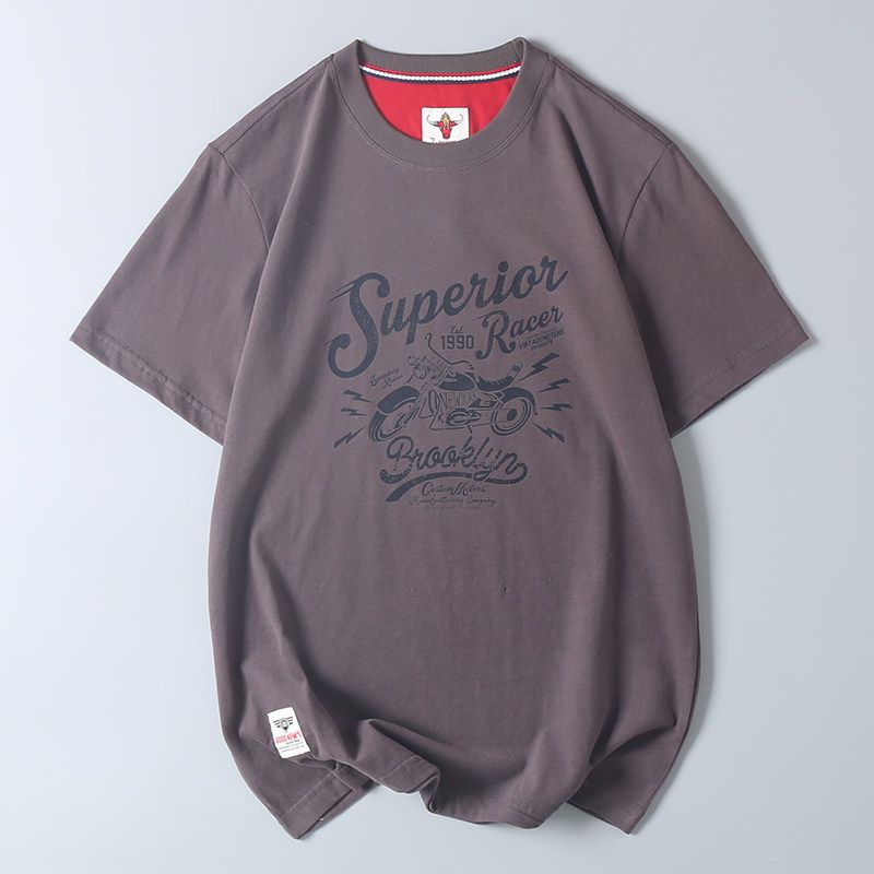 Foreign Trade Export Hk Hong Kong Style Surplus Stock All-Cotton Brushed Base Layer Shirt Summer Men's Retro Motorcycle Print Short-Sleeve T-Shirt