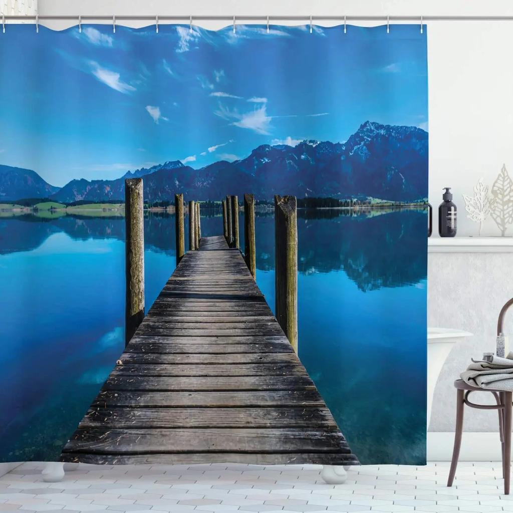 Wooden Bridge Print Shower Curtain Boat at Lake Shore Wooden Pier Sunset Sunbeams and Romantic Evening View, Polyester Fabric